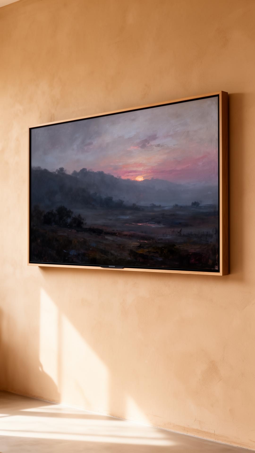 A Samsung Frame TV mounted on a warm plaster wall displaying a moody dusk landscape painting